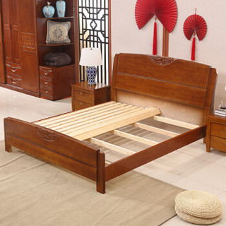 摩高空间实木婚床现代中式510胡桃色橡胶木150*200*110cm