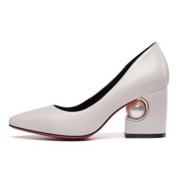 Universe 浓情漫宇 尖头浅口珍珠粗高跟四季女单鞋E081 白色34