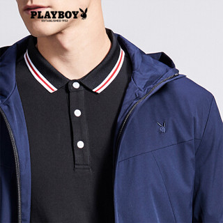 花花公子 PLAYBOY 男士秋冬新品2018休闲时尚连帽纯色保暖夹克 DH50180702 蓝色 175/L/50