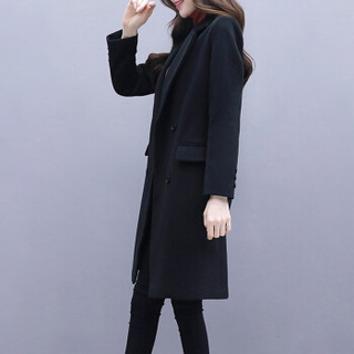 LAXJOY 朗悦 新款西装领毛呢外套女韩版中长款黑色妮子大衣  LWDY18J214