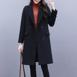 LAXJOY 朗悦 新款西装领毛呢外套女韩版中长款黑色妮子大衣  LWDY18J214
