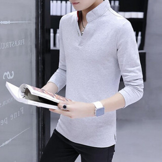 金盾（KIN DON）T恤 新款男士时尚V领纯色长袖T恤211-2-W87灰色XL