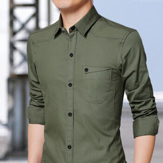 卡帝乐鳄鱼（CARTELO）衬衫 男士简约纯色商务休闲百搭修身长袖衬衣A180-8006军绿色5XL