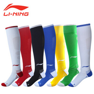 LI-NING 李宁 运动球袜少年足球袜中长筒袜运动袜加厚防滑毛巾底足球训练比赛袜长筒袜子 AWLK094 白蓝 24-26cm