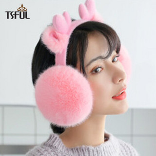 Tsful耳罩保暖女韩版冬季加绒鹿角卡通可爱耳包学生骑车时尚护耳套可折叠 AL0003EZB鹿精灵皮粉