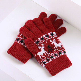 初荷 TRUE HER 毛线手套秋冬季男女款针织圣诞小鹿五指户外防寒加厚保暖分指触屏手套 红色