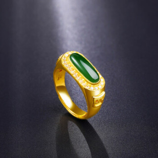 鸣钻国际 本色 黄金戒指男 金镶玉男戒 足金和田碧玉霸气活口男戒 jxj
