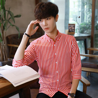 富贵鸟（FUGUINIAO）七分袖衬衫男士薄款韩版青年休闲短袖条纹衬衣男 红色 L