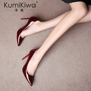 KumiKiwa 漆皮头层牛皮细跟浅口尖头高跟单鞋 K16QN3329 黑色8.5CM 39