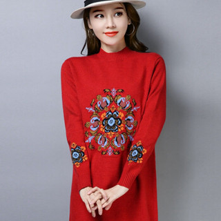尚格帛 2018冬季新品女装毛衣印花韩版中长款半高领套头上衣 LLFYSW18519GB 红色 L