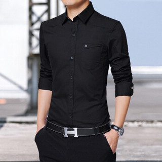 猫人（MiiOW）长袖衬衫 男士商务休闲潮流纯色百搭长袖衬衣A180-8006黑色XL