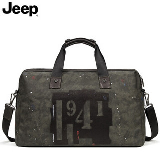 Jeep 吉普 时尚帆布牛皮旅行袋防刮耐磨户外男士手提包大容量短途旅行包多功能男包 911010261 棕色
