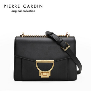 pierre cardin 皮尔·卡丹 牛皮撞色链条小包时尚潮流锁扣复古单肩斜挎小方包 J8A219-230301A 黑色