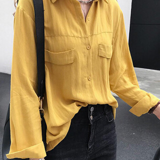 朗悦女装 2019春季新款纯色长袖衬衫女学生韩版宽松衬衣打底衫LWCC191219 黄色 M