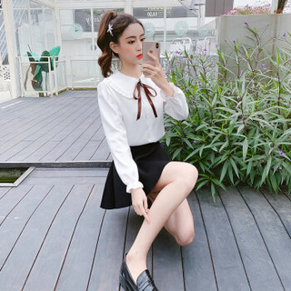 LAXJOY 朗悦 春季新款娃娃领纯色长袖衬衫女韩版学生甜美白衬衣 LWCC191226
