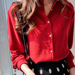 朗悦女装 2019新款春季长袖衬衫女韩版宽松简约纯色衬衣LWCC191211 红色 M