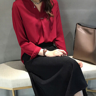 朗悦女装 2019春季新款纯色雪纺长袖衬衫女韩版气质V领衬衣LWCC191212 红色 M