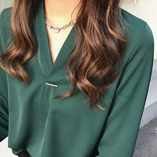 朗悦女装 2019春季新款纯色雪纺长袖衬衫女韩版气质V领衬衣LWCC191212 绿色 M