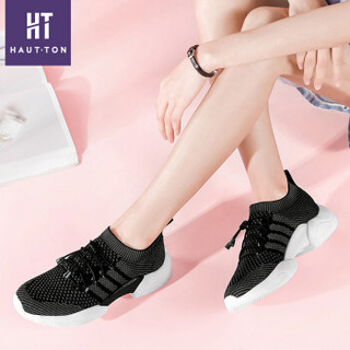 Haut Ton 皓顿 休闲鞋女系带飞织潮流时尚系带运动板NXYD003 黑色 38