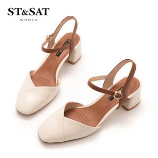 ST&SAT 星期六 羊皮革时尚简单优雅中后空粗跟单鞋 SS91114300 白色 34