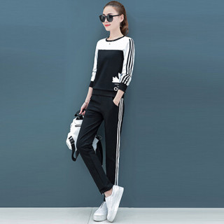 MAX WAY  女装 2019年春季新款韩版圆领印花休闲运动长袖条纹卫衣套装 MWYH051 米白+黑色 XL