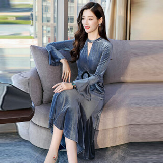 米兰茵（MILANYIN）女装 2019年春季纯色圆领套头单件长袖中长款X型荷叶袖连衣裙 ML19050 蓝灰色 L