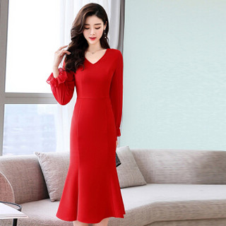 米兰茵 MILANYIN 女装 2019年春季新款长袖纯色时尚潮流休闲舒适连衣裙 ML19142 红色 XL