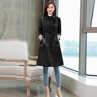 米兰茵（MILANYIN）女装 2019年春季开衫时尚气质休闲纯色中长款长袖风衣 ML19198 黑色 M