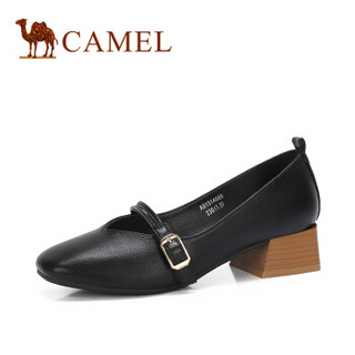 CAMEL 骆驼 女士 文艺复古腕带方头粗跟单鞋 A91514689 黑色 40