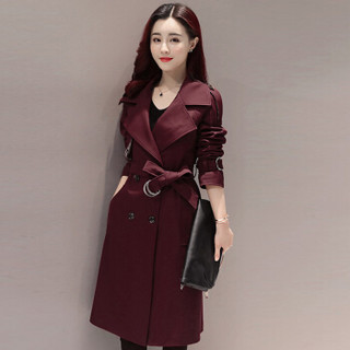 米兰茵（MILANYIN）女装 2019年春季时尚舒适简约个性修身中长款纯色长袖风衣 ML19188 酒红色 2XL