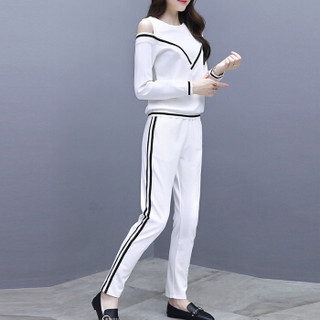 MAX WAY 女装 2019年春季新款时尚韩版宽松圆领露肩长袖卫衣两件套 MWYH089 白色 M
