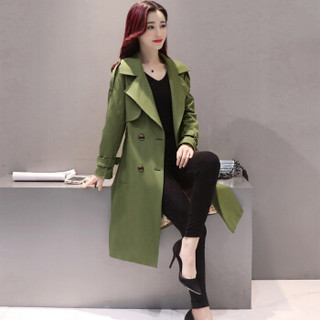 米兰茵（MILANYIN）女装 2019年春季时尚舒适简约个性修身中长款纯色长袖风衣 ML19188 军绿色 3XL