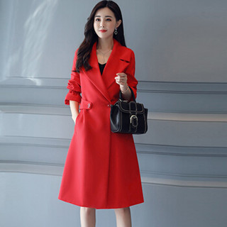 米兰茵（MILANYIN）女装 2019年春季时尚潮流舒适简约个性修身中长款纯色长袖风衣 ML19184 红色 XL