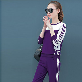 MAX WAY  女装 2019年春季新款韩版圆领印花休闲运动长袖条纹卫衣套装 MWYH051 米白+紫色 L