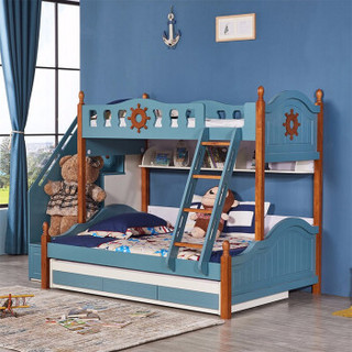 A家家具 儿童床 地中海实木框架上下床 双层高低小孩木床（三款可选 留言备注）1.2米床+梯柜 ET212
