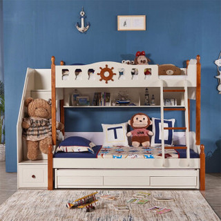 A家家具 儿童床 地中海实木框架上下床 双层高低小孩木床（三款可选 留言备注）1.2米床+梯柜+拖床 ET212