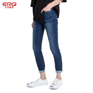 ERQ女士牛仔裤2019新款宽松直筒韩版休闲弹力修身牛仔长裤子 中蓝 30