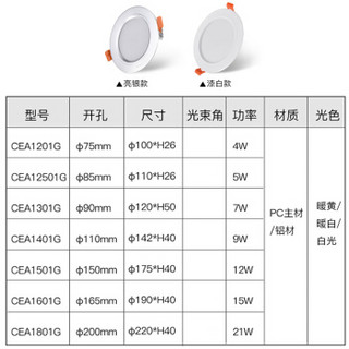 西顿（CDN）LED筒灯工装客厅走廊天花灯CEA12501G超薄工程款嵌入式5W高光铝4000K开孔85mm