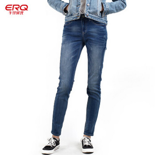 ERQ牛仔裤女士加绒2019新款直筒紧身小脚韩版显瘦浅色潮加厚 中蓝 31