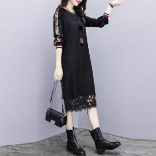 商品joy of joy 京东女装2019春装新款大码女装丝绒拼接时尚显瘦蕾丝