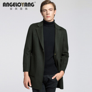 ANGELOYANG 2018秋冬新款男士手工羊毛呢大衣中长款商务休闲高品质羊毛双面尼外套 85839 墨绿色 180