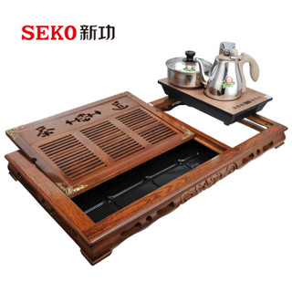 新功（SEKO）全自动上水鸡翅木实木茶盘 整套茶具功夫茶道套装 智能茶具电磁炉茶台F64配电磁茶炉K29