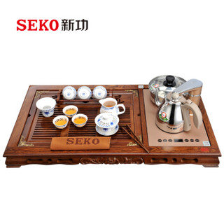 新功（SEKO）全自动上水鸡翅木实木茶盘 整套茶具功夫茶道套装 智能茶具电磁炉茶台F64配电磁茶炉K29