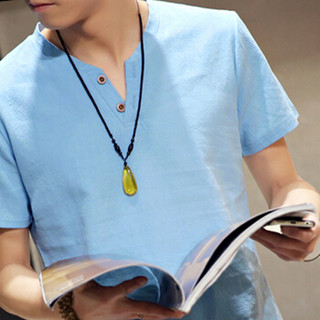 俞兆林（YUZHAOLIN）T恤套装 男士时尚潮流棉麻纯色V领短袖套装A082-A24天蓝色L