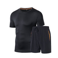 Fuguiniao 富贵鸟 男士 夏季短袖速干套装排汗透气弹力跑步运动短裤健身运动套装 108 黑色 2XL