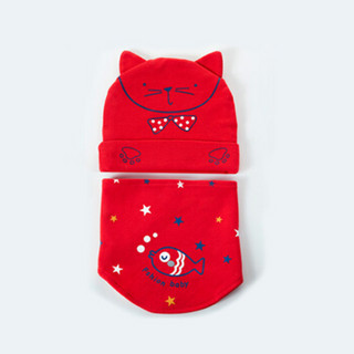 欧育婴儿帽子春秋薄款宝宝胎帽口水巾套装B1036红色