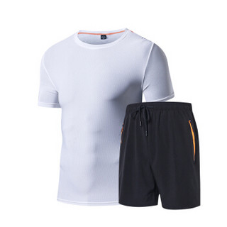 Fuguiniao 富贵鸟 男士夏季短袖速干套装排汗透气弹力跑步运动短裤健身运动套装 108 白色 XL