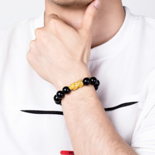 梦金园黄金转运珠3d硬金招财貔貅手链男士足金999黑玛瑙手串单貔貅约