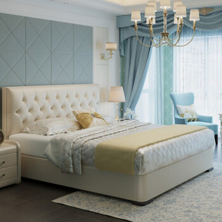 芝华仕爱蒙真皮软床小户型婚床 双人床储物功能 卧室家具C008 米白色床 1.5*2米