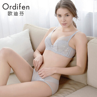 ordifen 欧迪芬 2019新品女士薄款文胸套装深V性感蕾丝内衣女聚拢薄款美背胸罩内裤女士内衣套装 XB9306 桦灰色 B80/L